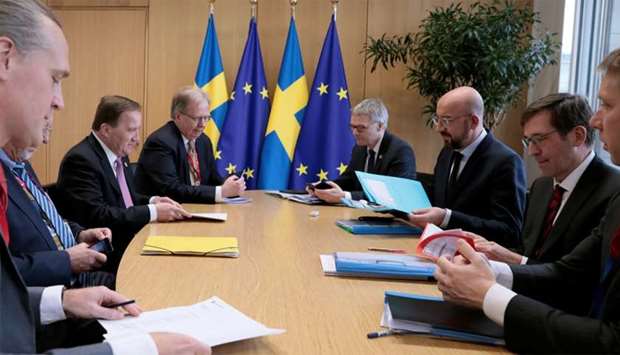 Swedish Prime Minister Stefan Lofven meets with European Council President Charles Michel on the sidelines of an EU summit in Brussels, Belgium