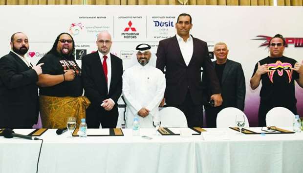 The pro-wrestling superstars Alofa, The Great Khali, and Rob Van Dam join QPW and Superslam 2 organisers at a press conference on Thursday at Dusit Doha Hotel PICTURE: Nasar K Moidheen.