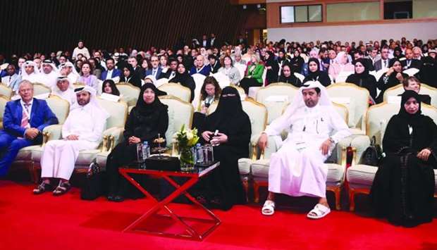 HE the Minister of Public Health Dr Hanan Mohamed al-Kuwari and other dignitaries at the opening session of the conference on Thursday. PICTURES: Shemeer Rasheed.