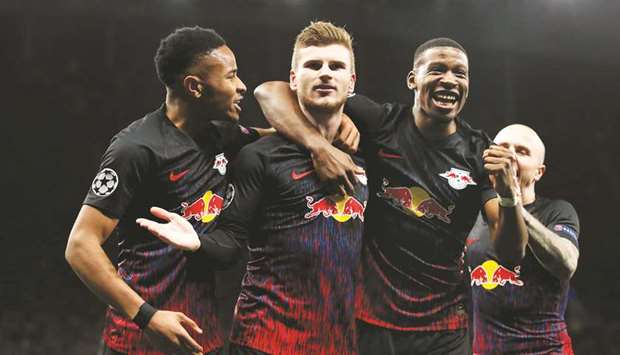 RB Leipzigu2019s Timo Werner (second right) celebrates after scoring against Tottenham Hotspur in the Champions League last 16 first leg match in London. (Reuters)