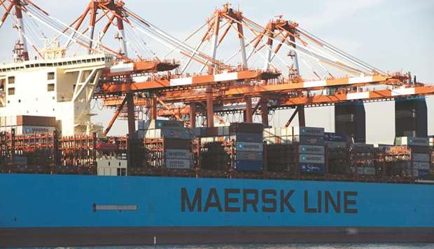 A Maersk Mc-Kinney Moller Triple-E Class container ship sits berthed next to gantry cranes at the CJ Korea Express  terminal in the Port of Gwangyang in South Korea. The countryu2019s exports shrank 6.1% from a year earlier, following a 5.2% drop in December, trade ministry data showed yesterday.