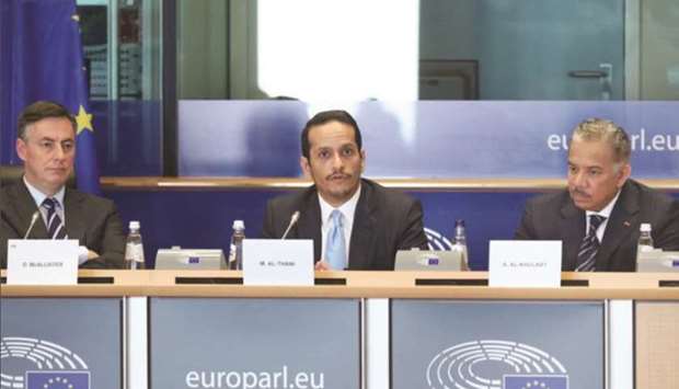 HE the Deputy Prime Minister and Minister of Foreign Affairs Sheikh Mohamed bin Abdulrahman al-Thani addressing the European Parliament Committee on Foreign Affairs in Brussels on Wednesday.