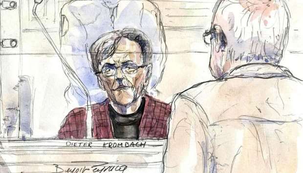 This file court sketch made on March 29, 2011 at the Paris' courthouse, shows then 75 year-old retired German doctor Dieter Krombach (L) facing Andre Bamberski, father of Kalinka Bamberski who died mysteriously in 1982, during his trial over the killing of the teenage girl twenty-nine years ago