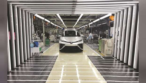 A Toyota Mirai fuel cell vehicle awaits final inspection at a Toyota Motor factory in Aichi Prefecture, Japan. The countryu2019s Manufacturing Purchasing Managersu2019 Index fell to a seasonally adjusted 47.6 from a final 48.8 in January, its lowest since late 2012.