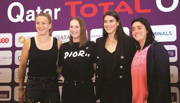 (L to R): Tennis players Karolina Muchova and Marketa Vondrousova (both of Czech Republic), Sorana Cirstea (Romania) and Ons Jabeur (Tunisia) pose after the draw ceremony of the Qatar Total Open yesterday. PICTURES: Jayan Orma