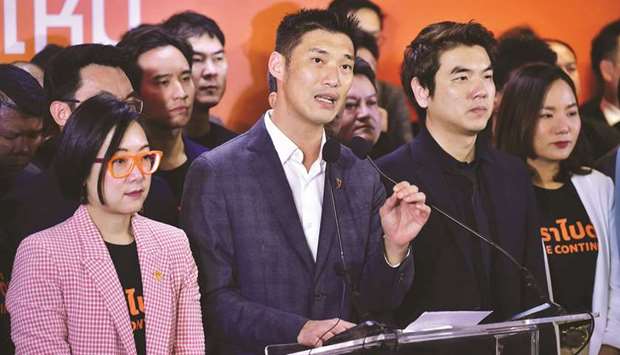 Future Forward Party leader Thanathorn Juangroongruangkit speaks at a press conference after the constitutional court ruled to dissolve the party at the political partyu2019s headquarters in Bangkok yesterday.