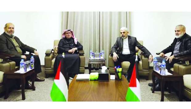 HE the Chairman of Qatar's Gaza Reconstruction Committee, ambassador Mohamed al-Emadi, meeting Hamas leaderYahya al-Sinwar, in Gaza.