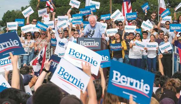 Democratic presidential hopeful Vermont Senator Bernie Sanders speaks during a rally at Valley High School in Santa Ana, California on Friday.