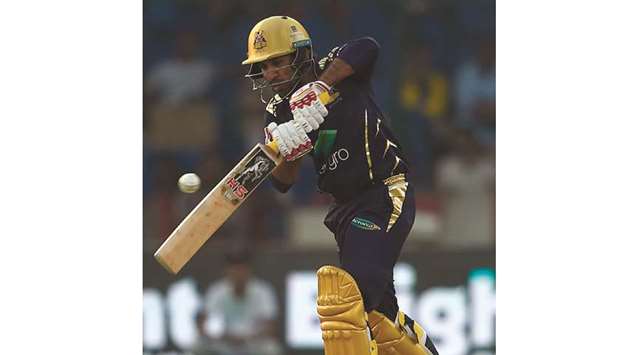 Quetta Gladiators Sarfaraz Ahmed in action during the PSL T20 match against Karachi Kings in the National Cricket Stadium in Karachi yesterday. (AFP)