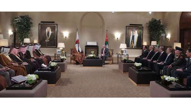His Highness the Amir Sheikh Tamim bin Hamad al-Thani and King Abdullah II of Jordan holding official talks at Al Husseiniya Palace in Amman