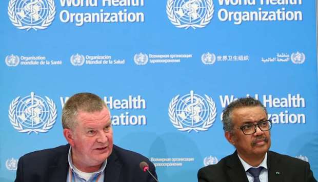 Michael J. Ryan, Executive Director of the WHO Health Emergencies Programme and Director-General of the WHO Tedros Adhanom Ghebreyesus, attend a news conference on the coronavirus (COVID-2019) in Geneva