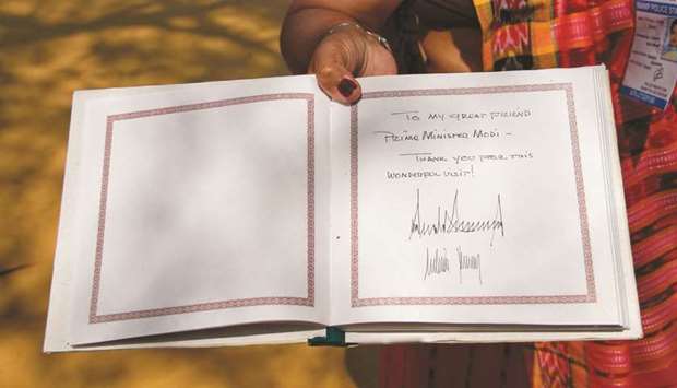 The message of Trump is seen at Gandhi Ashramu2019s visitors book after his visit with First Lady Melania Trump and Prime Minister Narendra Modi.