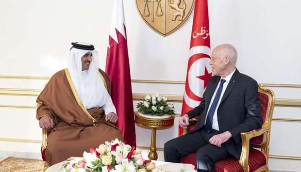 His Highness the Amir Sheikh Tamim bin Hamad al-Thani holding talks with Tunisian President Kais Saied at the Carthage Presidential Palace in Tunis Monday.