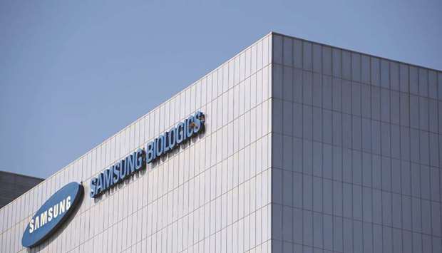Samsung signage is displayed at the Samsung BioLogics headquarters and production facilities in Songdo district, South Korea. The countryu2019s largest technology company shut down operations at a plant in Gumi City over the weekend after the employee tested positive for the virus.