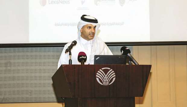 Sheikh Dr Thani speaking at the opening session of a forum on Qataru2019s court system yesterday.