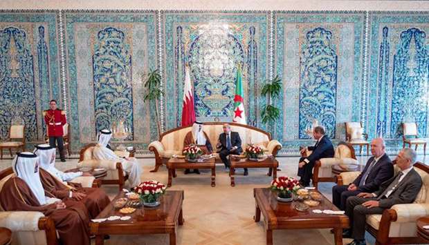 His Highness the Amir Sheikh Tamim bin Hamad Al-Thani and the President of the People's Democratic Republic of Algeria Abdelmadjid Tebboune hold talks at El Mouradia presidential palace in Algiers