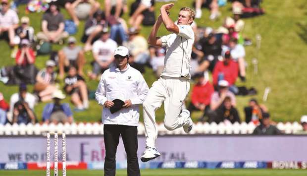 New Zealandu2019s Kyle Jamieson bowls during day three of the first Test against India in Wellington on Sunday. (AFP)