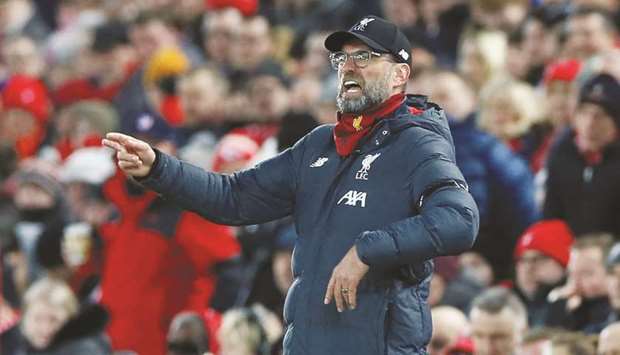 Liverpool manager Jurgen Klopp reacts during their match against West Ham United in Liverpool on Monday. (Reuters)