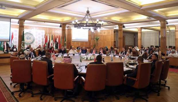 Participants attend the 53rd session of the Arab Health Ministers Council at the headquarters of Arab League