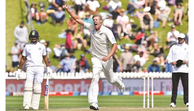 New Zealandu2019s Kyle Jamieson in action during day three of the first Test against India at the Basin Reserve in Wellington on February 23, 2020. (AFP)