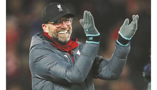 Liverpool manager Jurgen Klopp celebrates after their EPL match against Brighton & Hove Albion at Anfield in Liverpool on November 30, 2019. (Reuters)