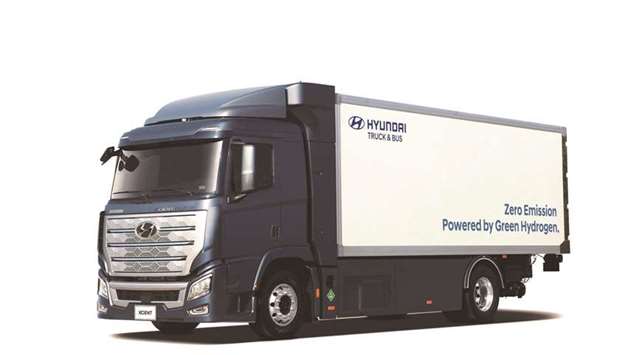 Hyundaiu2019s H2 Xcient Fuel-Cell truck is pictured in this undated handout image. The trucks are set to hit the roads in Switzerland next month as the South Korean automaker looks to establish a case for its zero-emissions technology in a low carbon world.