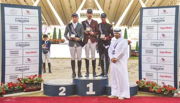 Ali al-Rumaihi (right), Sports Director of the Commercial Bank CHI Al Shaqab Presented by Longines, poses with the podium winners of the Medium Tour.