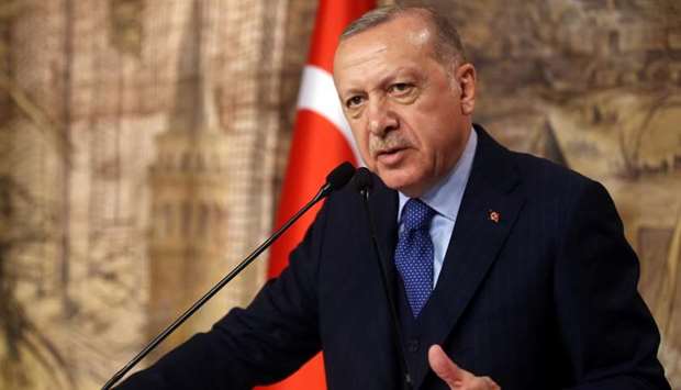 Turkish President Tayyip Erdogan speaks during a meeting in Istanbul