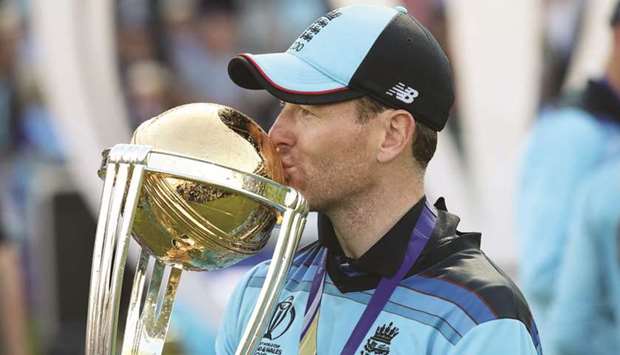 File photo of England captain Eoin Morgan with the ICC World Cup trophy.