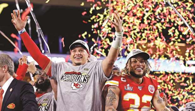Kansas City Chiefs quarterback Patrick Mahomes (centre) celebrates after beating the San Francisco 49ers in Super Bowl LIV at Hard Rock Stadium. PICTURE: USA TODAY Sports