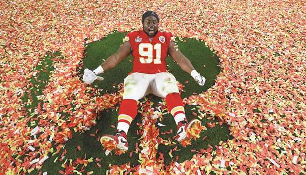 Kansas City Chiefsu2019 Derrick Nnadi celebrates after winning the Super Bowl LIV. (Reuters)