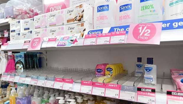 Picture shows empty shelves where hand sanitiser gels have sold out in a drug store in London. Pharmacies and drug stores say they have seen a spike in sales of hand sanitiser amid concern about the outbreak of Coronavirus.