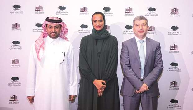 HBKU president Dr Ahmad M Hasnah and QU president Dr Hassan Rashid al-Derham with QF Vice Chairperson and CEO HE Sheikha Hind bint Hamad al-Thani.