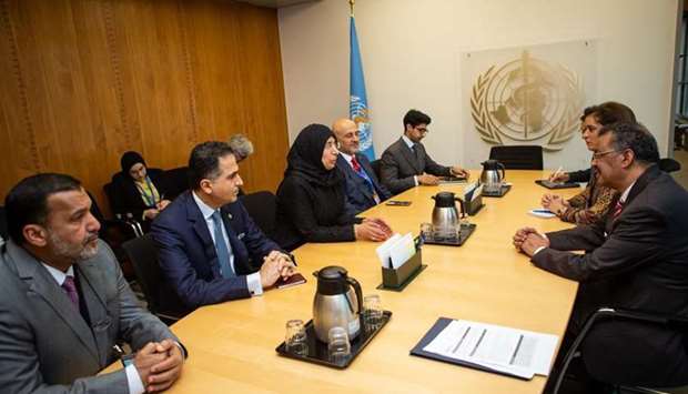 HE Dr. Hanan Mohamed Al Kuwari, the Minister of Public Health, holds discussions with Dr. Tedros Adhanom Ghebreyesus, the Director-General of the World Health Organization and the officials of WHO