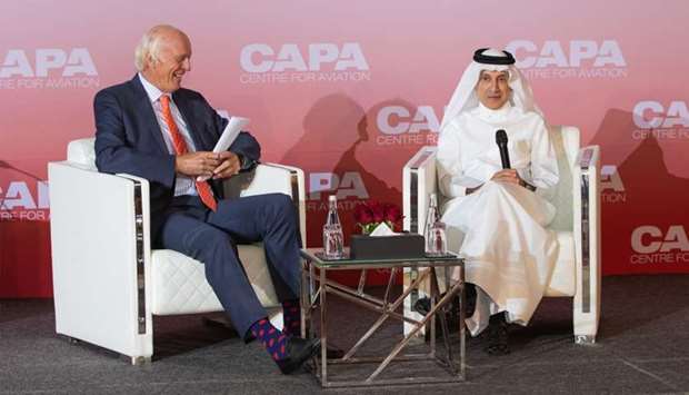 Al-Baker with Peter Harbison, chairman emeritus, CAPA-Centre for Aviation at at the CAPA Qatar Aviation, Aeropolitical and Regulatory Summit at the Sheraton Grand Doha