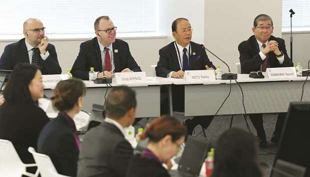 Tokyo Olympics CEO Toshiro Muto (second from right) attends the International Paralympic Committee project review meeting for the Tokyo 2020 Paralympic Games in Tokyo yesterday. (AFP)