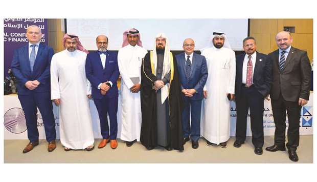 QFC CEO Yousuf Mohamed al-Jaida with Emad el-Din Shahin, interim provost at HBKU and dean, College of Islamic Studies; Dr R Seetharaman, Group CEO Doha Bank; Dr Marc Vermeersch, executive director, Qatar Environment and Energy Research Institute, Qatar Foundation; Dr Mehmet Bulut, rector, Istanbul Sabahettin Zaim University Istanbul; Professor Ali al-Quradaghi, secretary general of Muslim Scholars Union, Qatar; and Hassan Jummah al-Mohannadi, assistant undersecretary for Environmental Affairs, Ministry of Municipality and Environment; at the u2018International Conference on Islamic Financeu2019 held at the HBKU College of Islamic Studies yesterday. PICTURE: Ram Chand