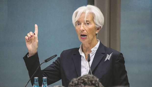 ECB president Christine Lagarde gestures while speaking during a conference at the central banku2019s headquarters in Frankfurt. Lagarde said that while the eurozoneu2019s domestic economy remains u201cresilient,u201d lingering global threats could undermine the recent stabilisation in activity, and uncertainties remain elevated.