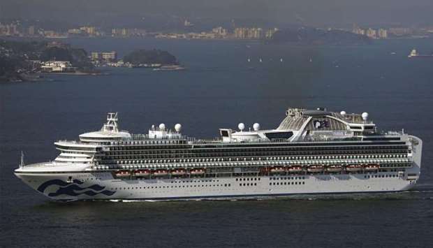 An aerial view shows the cruise ship Diamond Princess sailing off Yokosuka, Japan