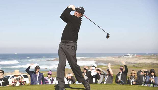 Phil Mickelson of the United States plays his shot from the 13th tee during the second round of the AT&T Pebble Beach Pro-Am at Monterey Peninsula Country Club on Friday in Pebble Beach, California.