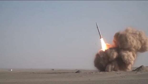 An image grab from footage obtained from the state-run Iran Press news agency on February 9, 2020 shows the launch of the new Raad-500 missile, a short-range ballistic missile by Iran's Islamic Revolutionary Guard Corps (IRGC) that they say can be powered by a ,new generation, of engines designed to put satellites into orbit