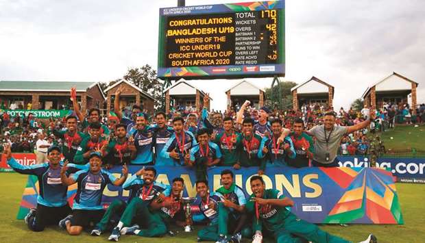 Bangladesh team celebrate their ICC U-19 World Cup victory after beating India in the final in Potchefstroom, South Africa, yesterday. (AFP)