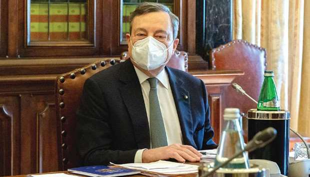 Italyu2019s prime minister-designate Mario Draghi looks on during the second round of his talks on forming a new government, in Rome yesterday.