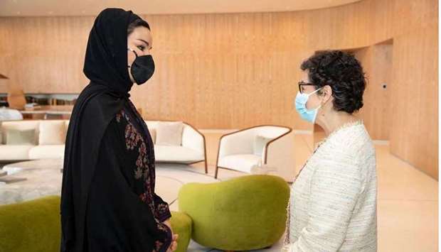 Her Highness Sheikha Moza bint Nasser, Chairperson of Qatar Foundation for Education, Science and Community Development and Education Above All , with inister for Foreign Affairs, European Union and Cooperation of the Kingdom of Spain Arancha Gonzalez Laya.