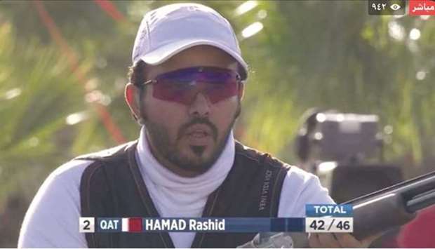A video grab of Qataru2019s Rashid Saleh Hamad in action at the ISSF Grand Prix in Rabat yesterday.