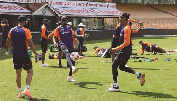 Indian players take part in a training session ahead of the second Test against England in Chennai yesterday. (BCCI)