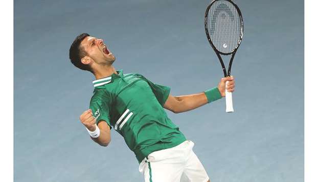 Serbiau2019s Novak Djokovic celebrates after beating Taylor Fritz of the US  at the Australian Open in Melbourne yesterday.