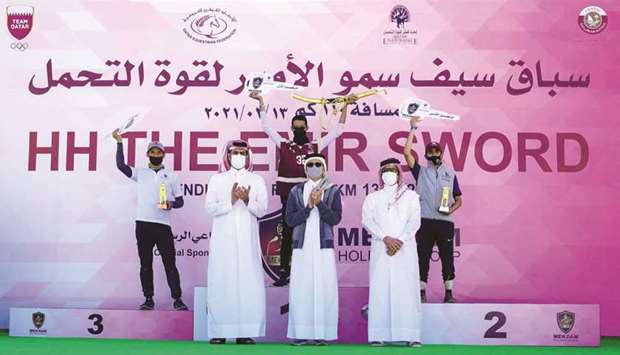 Jassim Rashid al-Kaabi reacts after winning the Amir Sword Endurance Race yesterday.