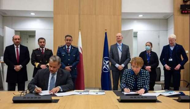 The head of Qatar's missions to the European Union and the NATO Abdulrahman bin Mohammed al-Khulaifi and the Financial Controller of the NATO International Staff Miroslawa Boryczka and Deputy Assistant Secretary General, Headquarters Support and Transformation of NATO, Martin Versnel signed the agreement.