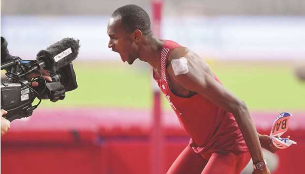 In this October 4, 2019, picture, Qataru2019s Mutaz Barshim celebrates his victory in the high jump competition at the World Athletics Championship at Khalifa International Stadium in Doha. (Red Bull Content Pool)